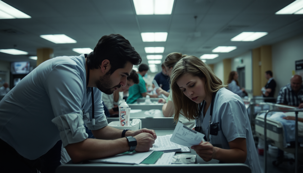 Hospital staff reviewing emergency admission paperwork during insurance claim verification