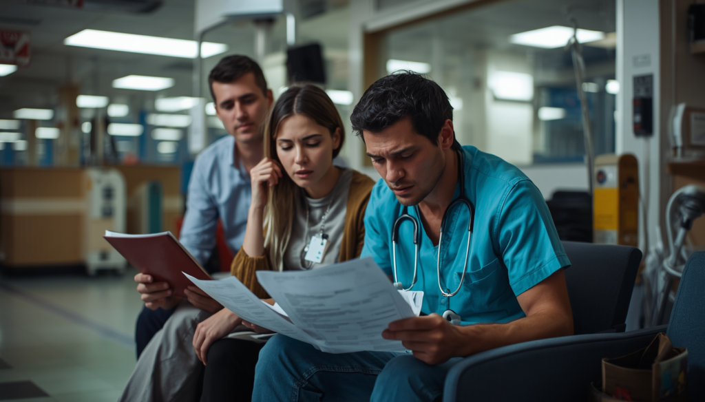 Patient discussing missing hospital records for health insurance claim